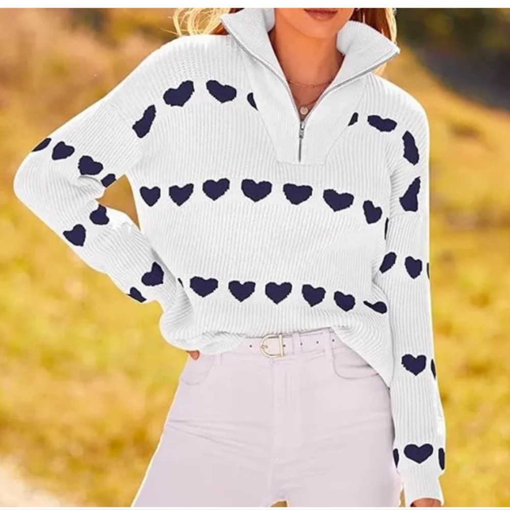 White and  Navy Embordered Heart Sweater size medium quarter Zip